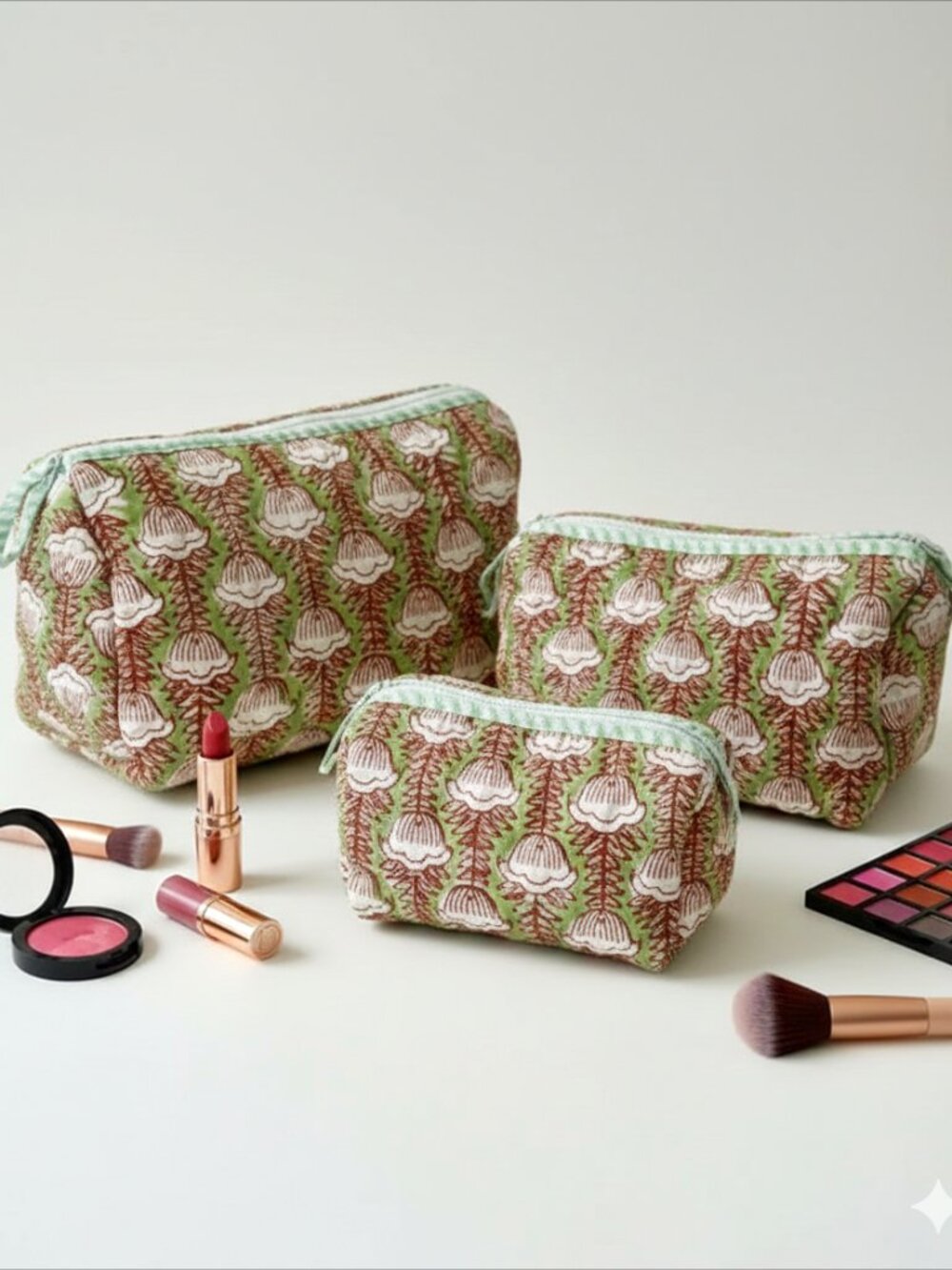 Set Of 3 Block Print Toiletry Bags, Cotton Makeup Bag, Cosmetic Bag Set Gift